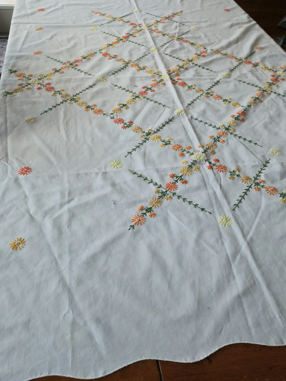 Vintage Hand-Embroidered Floral Tablecloth - Cottagecore Scalloped Edge